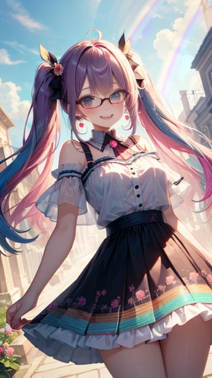 小さなgirl、Glasses、petal、thick thighs、big ass、 (alone:1.5,)Super detailed,bright colors, very beautiful detailed anime face and eyes, look straight, shiny_skin,girl,(((long hair、rainbow colored hair, colorful hair, Half black、half pink hair: 1.2)))  、forehead is exposed.、shiny hair, delicate beautiful face, blush、(turquoise eyes), White skin, Valletta, earrings,、blue flower field、(((See-through、Pink ruffled dress with peach pattern、purple mini skirt)))、twin tails、smile、smile、Face dyed red