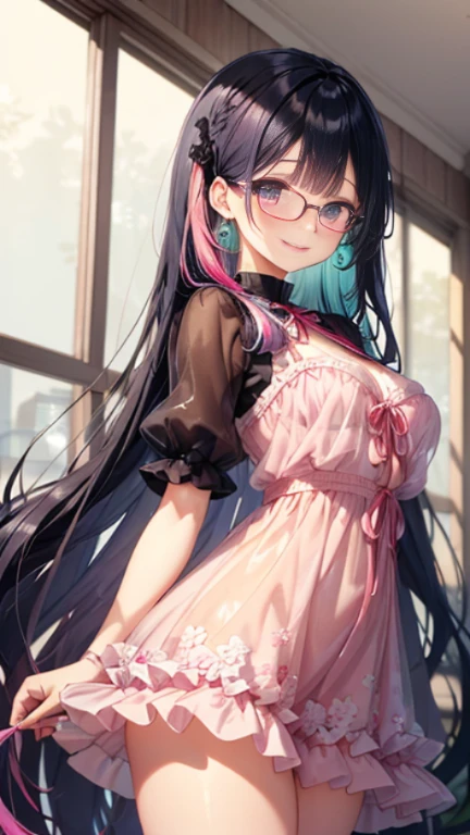 小さなgirl、Glasses、petal、thick thighs、big ass、 (alone:1.5,)Super detailed,bright colors, very beautiful detailed anime face and eyes, look straight, shiny_skin,girl,(((long hair、rainbow colored hair, colorful hair, Half black、half pink hair: 1.2)))  、forehead is exposed.、shiny hair, delicate beautiful face, blush、(turquoise eyes), White skin, Valletta, earrings,、blue flower field、(((See-through、Pink ruffled dress with peach pattern、purple mini skirt)))、twin tails、smile、smile、Face dyed red