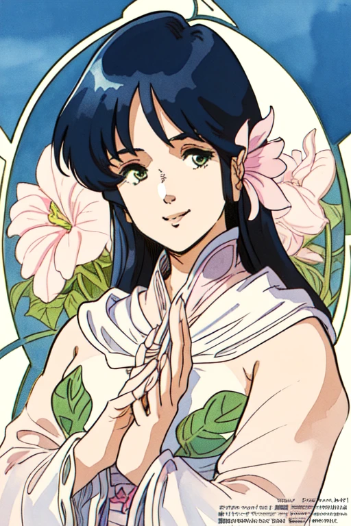 masterpiece, highest quality, divine quality, godlike art, Art Nouveau watercolors, highly detailed face, very realistic, cute, 1 girl,alone,looking at the viewer,Smile Lynn Minmei, white dress, Nice views , flower-like_background, Intricate designs and patterns in the style of Alphonse Mucha.from below