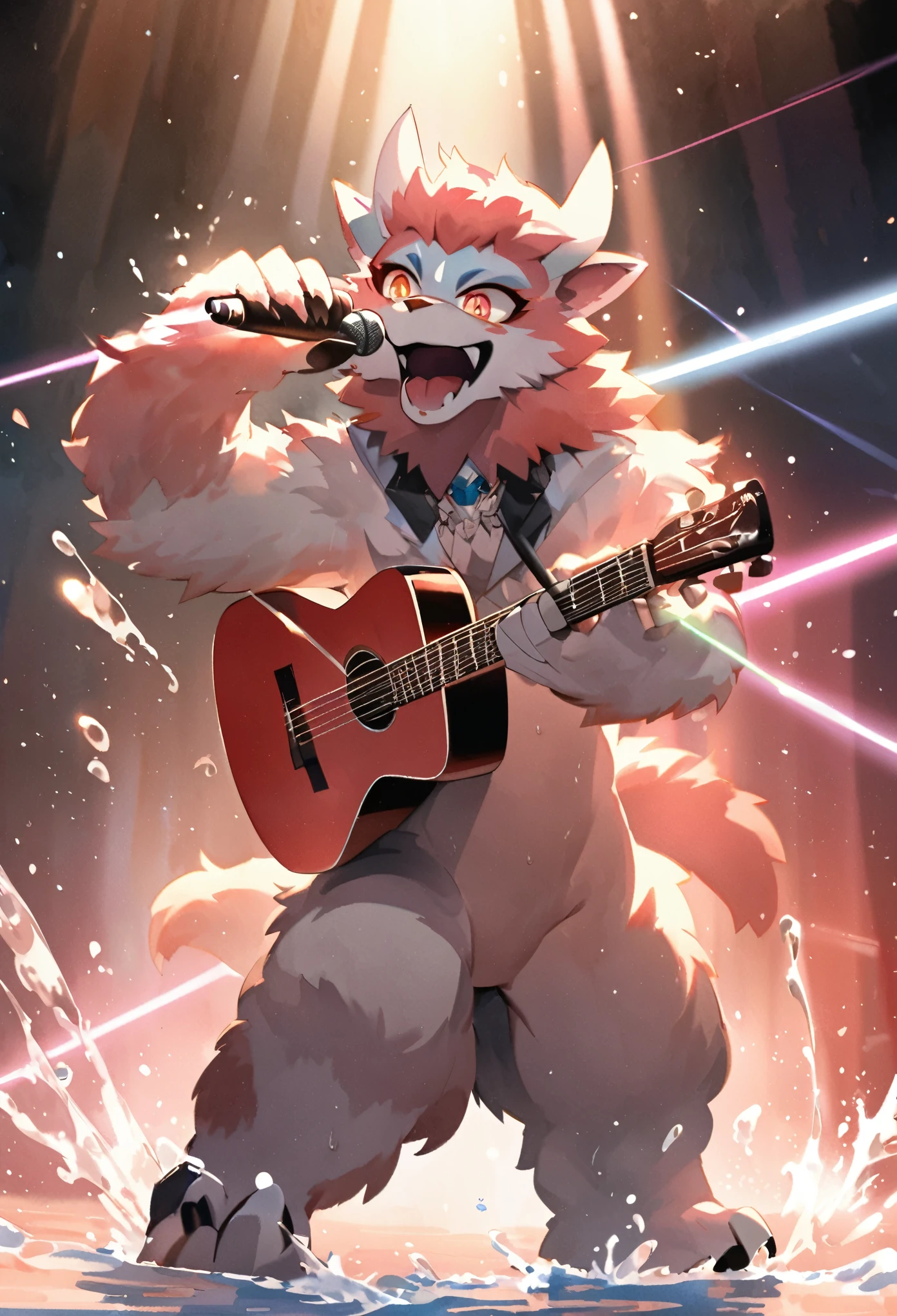 Top quality, picture book cover, movie poster, watercolor, fancy, four-headed, pale color (live house, laser beam, dazzling lighting, mechanized instrument, concert) (very detailed beautiful face and eyes) perfect anatomy (beastman) (beastman, playing a musical instrument, singing with a microphone, live performance, splashing sweat, standing on stage) (furry antro: 1. 2) (features of the animal's face on a furry body) (the muzzle of the animal is very detailed fur) full body, smile with an open mouth (dynamic pose),