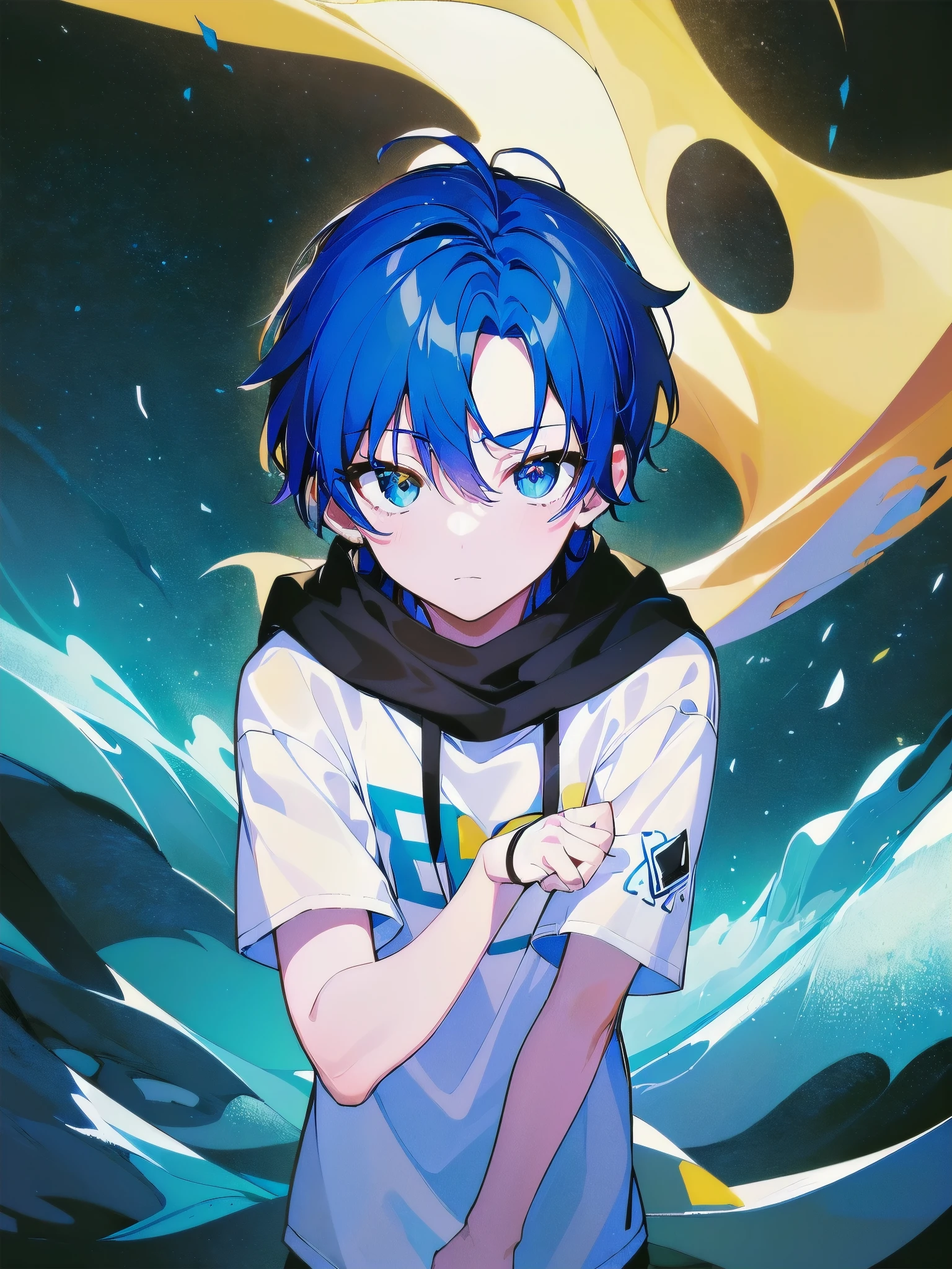 [(BLUE GALAXY BACKGROUND:1.5),::5], ((((masterpiece)))), high quality, very_high_resolution, large_filesize, full color, ((younger boy)), 13 old year, short deepblue hair, vivid color, ((yellow eye)), civilian clothes white, anime, Below the knee to upper body,