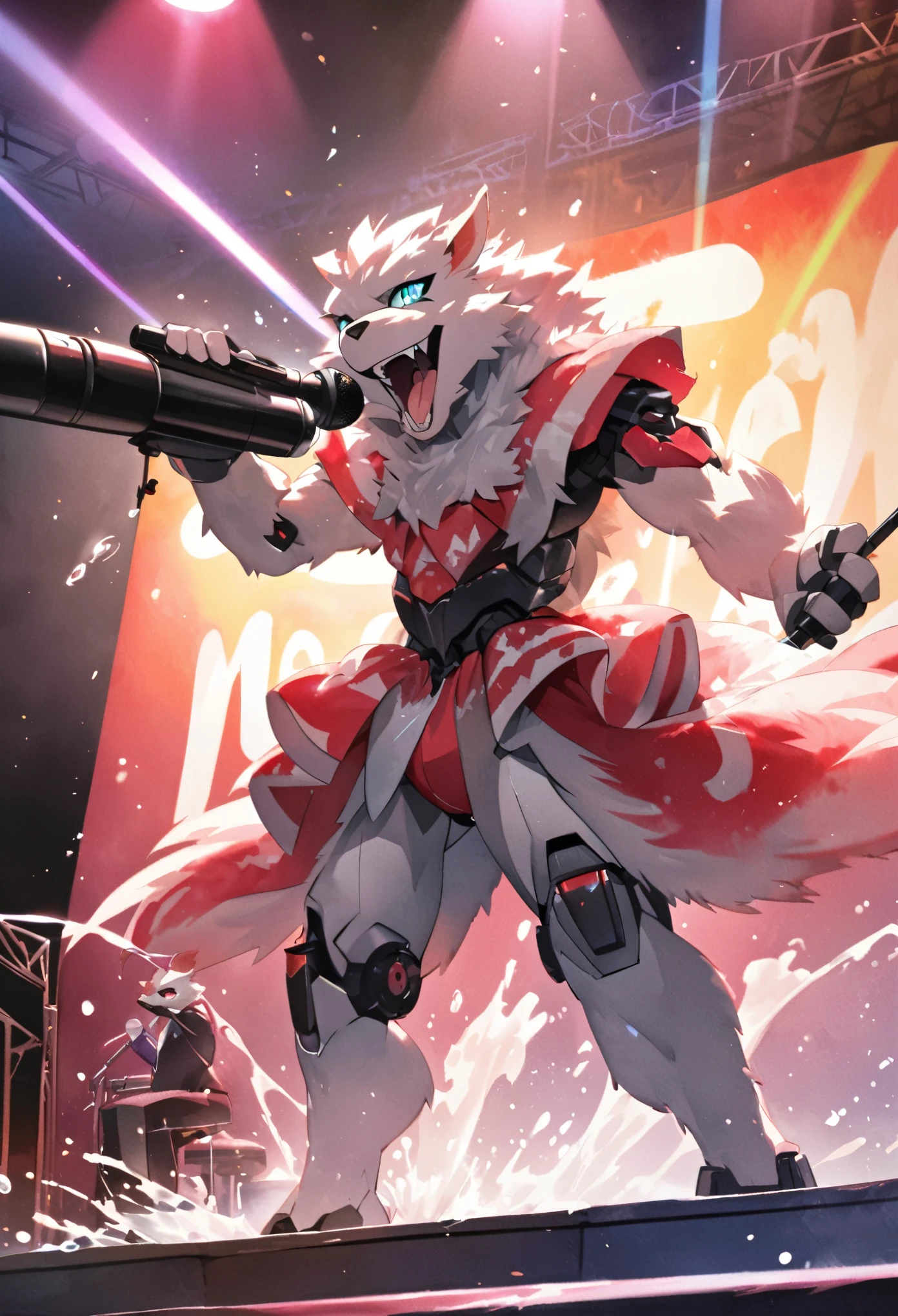 Top quality, picture book cover, movie poster, watercolor, fancy, four-headed, pale color (live house, laser beam, dazzling lighting, mechanized instrument, concert) (very detailed beautiful face and eyes) perfect anatomy (beastman) (beastman, playing a musical instrument, singing with a microphone, live performance, splashing sweat, standing on stage) (furry antro: 1. 2) (features of the animal's face on a furry body) (the muzzle of the animal is very detailed fur) full body, smile with an open mouth (dynamic pose),