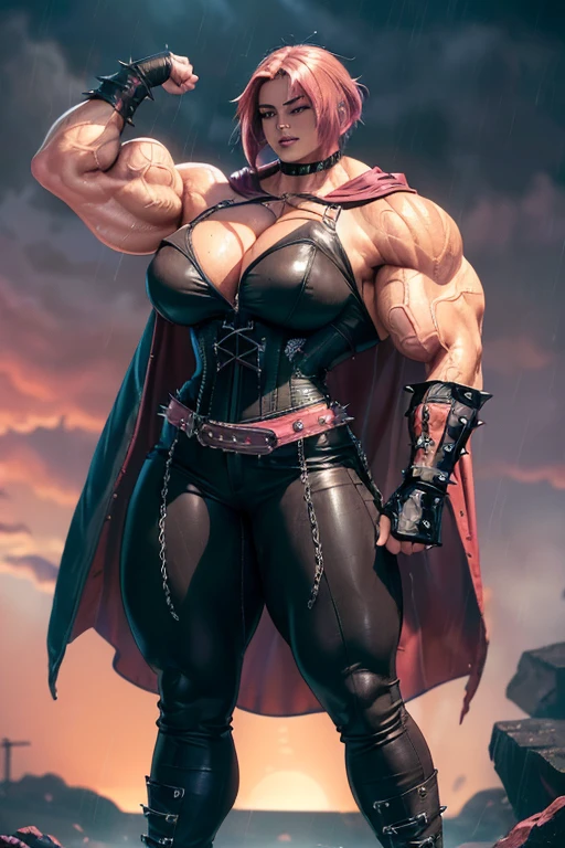 ((((Massive, tall, beautiful, buff, wet, light brown skinned muscular woman with shocking pink hair, black lipstick, ginormous bulky muscles, wearing a black leather corset with tight pants and hooded cape)))), (red background), close view, (massive muscles), massive biceps, hyper muscle shoulders, hyper muscle triceps, (angled bob cut), glowing red eyes, choker, (chain belt), black spiked boots, (spiked gauntlets), (fingerless gloves), (in a raining dark island), confident smirk, night, red moon, (red skies), hyper vascular arm, hyper muscles arms, hyper muscle legs, (ginormous arms).