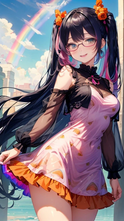 小さなgirl、Glasses、petal、thick thighs、big ass、 (alone:1.5,)Super detailed,bright colors, very beautiful detailed anime face and eyes, look straight, shiny_skin,girl,(((long hair、rainbow colored hair, colorful hair, Half black、half pink hair: 1.2))) 、forehead is exposed.、shiny hair, delicate beautiful face, blush、(turquoise eyes), White skin, Valletta, earrings,、blue flower field、(((See-through、Pink ruffled dress with mandarin orange print、purple mini skirt)))、twin tails、smile、smile、Face dyed red