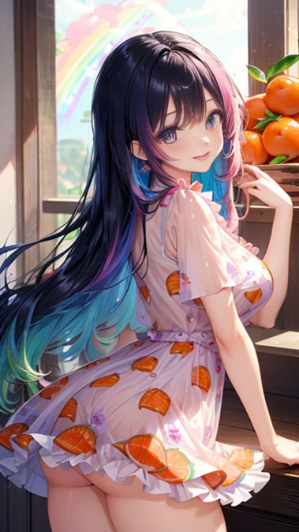 小さなgirl、Glasses、petal、thick thighs、big ass、 (alone:1.5,)Super detailed,bright colors, very beautiful detailed anime face and eyes, look straight, shiny_skin,girl,(((long hair、rainbow colored hair, colorful hair, Half black、half pink hair: 1.2))) 、forehead is exposed.、shiny hair, delicate beautiful face, blush、(turquoise eyes), White skin, Valletta, earrings,、blue flower field、(((See-through、Pink ruffled dress with mandarin orange print、purple mini skirt)))、twin tails、smile、smile、Face dyed red