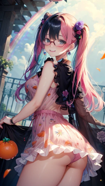 小さなgirl、Glasses、petal、thick thighs、big ass、 (alone:1.5,)Super detailed,bright colors, very beautiful detailed anime face and eyes, look straight, shiny_skin,girl,(((long hair、rainbow colored hair, colorful hair, Half black、half pink hair: 1.2)))  、forehead is exposed.、shiny hair, delicate beautiful face, blush、(turquoise eyes), White skin, Valletta, earrings,、blue flower field、(((See-through、Pink ruffled dress with mandarin orange print、purple mini skirt)))、twin tails、smile、smile、Face dyed red