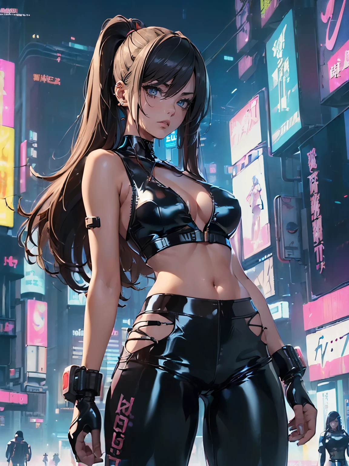 ((1 girl:1.3))、absurdres, ultra-detailliert, digitial illustration, Meticulously drawn hair, Meticulously drawn eye, Glossy realistic skin texture、Smooth texture、shiny skin、Sexy body, ((cyberpunk:1.3)), ((dynamism posing:1.3))、((Being in nightcity:1.2))、((back view:1.3))、((sleeveless))、((ripped:1.2, latex, lowrise hot pants:1.4))、((crop top navel:1.2))、((plunging necklines:1.2))、((highleg:1.3))、((huge hip:1.3))、collarbone、abdomen、Sharp Focus, full body