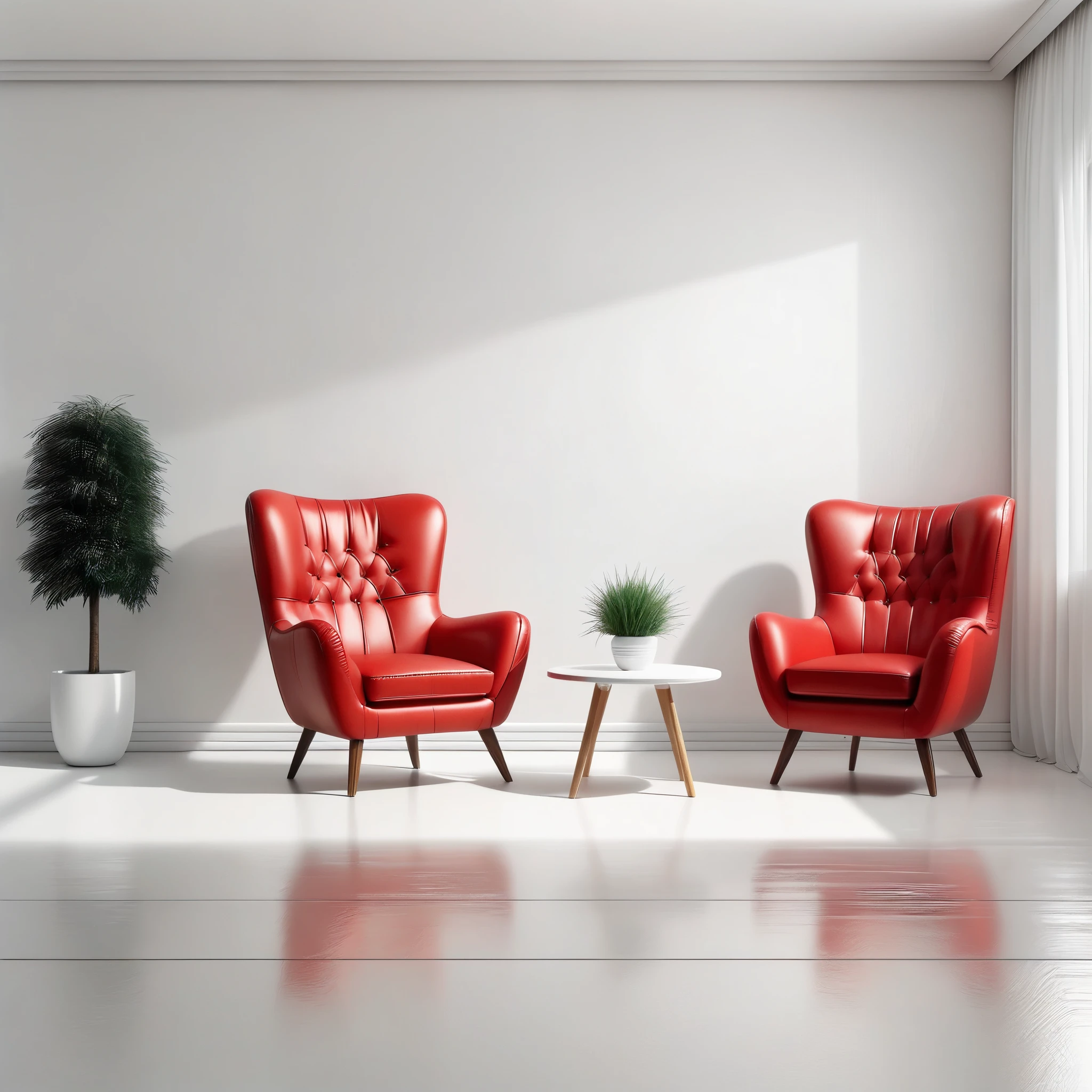 there is a red chair and a table in a white room, interior background, living room wall background, living room background, isolated white background, interior white wall, interior design background, isolated on white background, lounge background, bright render, red realistic 3 d render, cozy living room background, interior background art, personal room background, minimalistic background, white bg