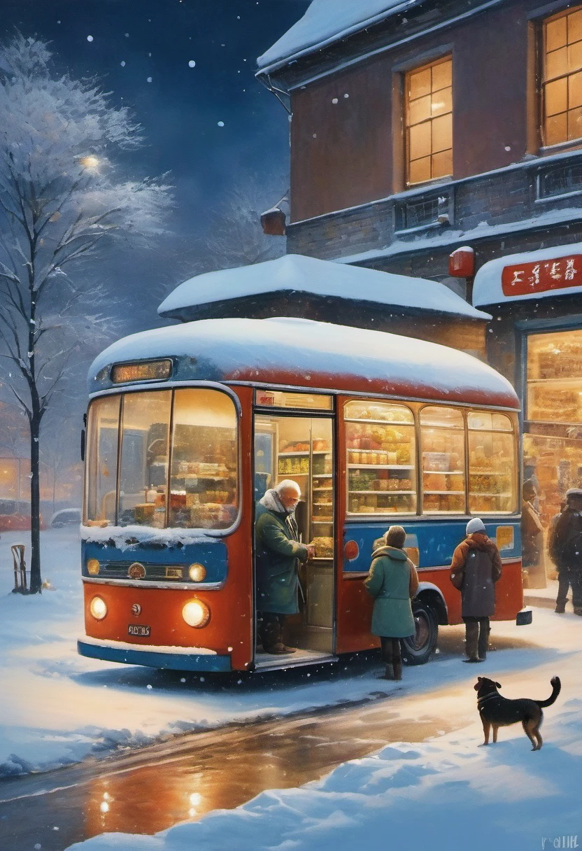 （masterpiece，photography，lifelike，）winter，heavy snow，snow，late night，Convenience store at night，supermarket，Huge glass windows，The old man and the dog in the window，bus stop