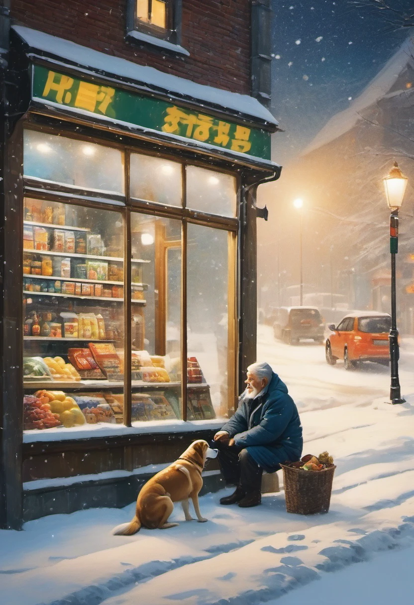 （masterpiece，photography，lifelike，）winter，heavy snow，snow，late night，Convenience store at night，supermarket，Huge glass windows，The old man and the dog in the window，bus stop