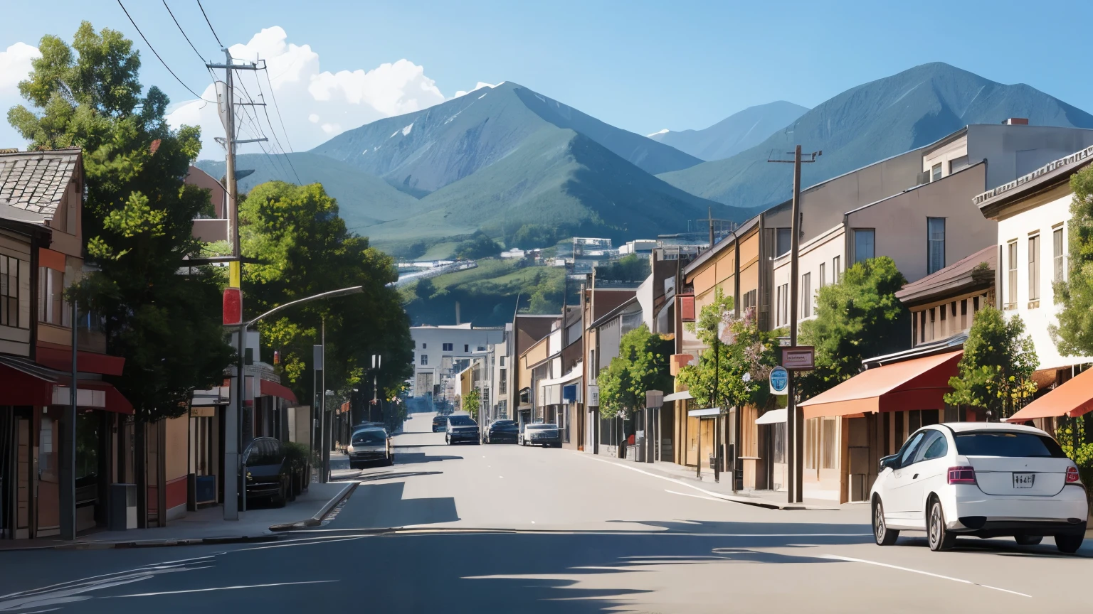 The small town was rebuilt、people々is back。people crowd。beautiful cityscape。Many people are walking。Car driving on the road。
