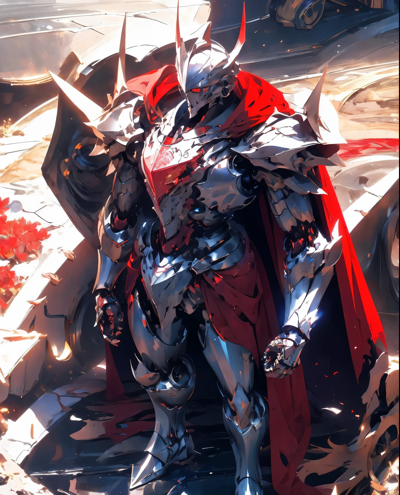 (masterpiece:1.2), best quality,PIXIV,
robot boy,weapon, sword, armor, holding weapon, holding, holding sword, solo, gauntlets, cape, red cape, full armor, helmet, torn cape, male focus, standing, glowing, shoulder armor, red theme, pauldrons, breastplate, torn clothes, greaves, crack, horns, knight, torn, armored boots