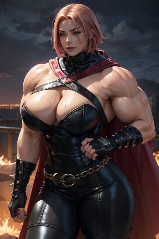 ((((Massive, tall, beautiful, buff, wet, light brown skinned muscular woman with shocking pink hair, black lipstick, ginormous bulky muscles, wearing a black leather corset with tight pants and hooded cape)))), (red background), close view, (massive muscles), massive biceps, hyper muscle shoulders, hyper muscle triceps, (angled bob cut), glowing red eyes, choker, (chain belt), black spiked boots, (spiked gauntlets), (fingerless gloves), (in a raining dark island), confident smirk, night, red moon, (red skies), hyper vascular arm, hyper muscles arms, hyper muscle legs, (ginormous arms).