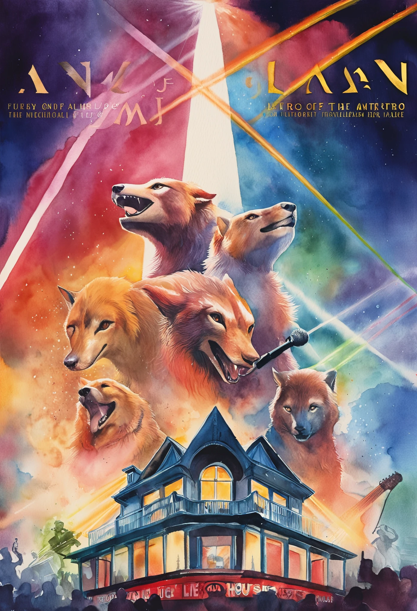 Top quality, picture book cover, movie poster, watercolor, fancy, four-headed, pale color (live house, laser beam, dazzling lighting, mechanized instrument, concert) (very detailed beautiful face and eyes) perfect anatomy (beastman) (beastman, playing a musical instrument, singing with a microphone, live performance, splashing sweat, standing on stage) (furry antro: 1. 2) (features of the animal's face on a furry body) (the muzzle of the animal is very detailed fur) full body, smile with an open mouth (dynamic pose),