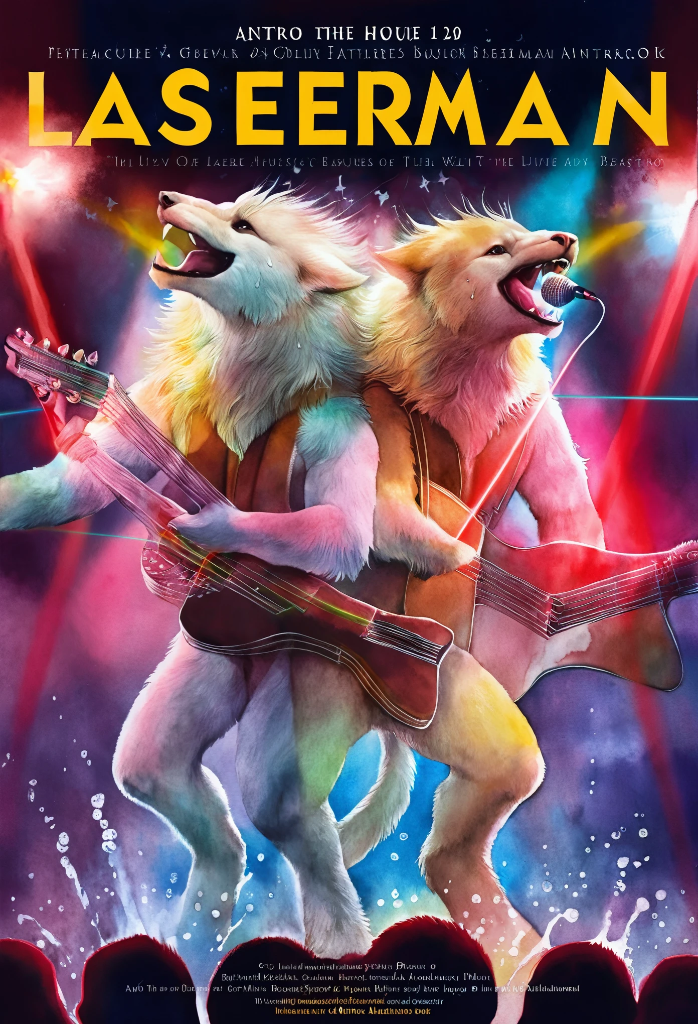 Top quality, picture book cover, movie poster, watercolor, fancy, four-headed, pale color (live house, laser beam, dazzling lighting, mechanized instrument, concert) (very detailed beautiful face and eyes) perfect anatomy (beastman) (beastman, playing a musical instrument, singing with a microphone, live performance, splashing sweat, standing on stage) (furry antro: 1. 2) (features of the animal's face on a furry body) (the muzzle of the animal is very detailed fur) full body, smile with an open mouth (dynamic pose),