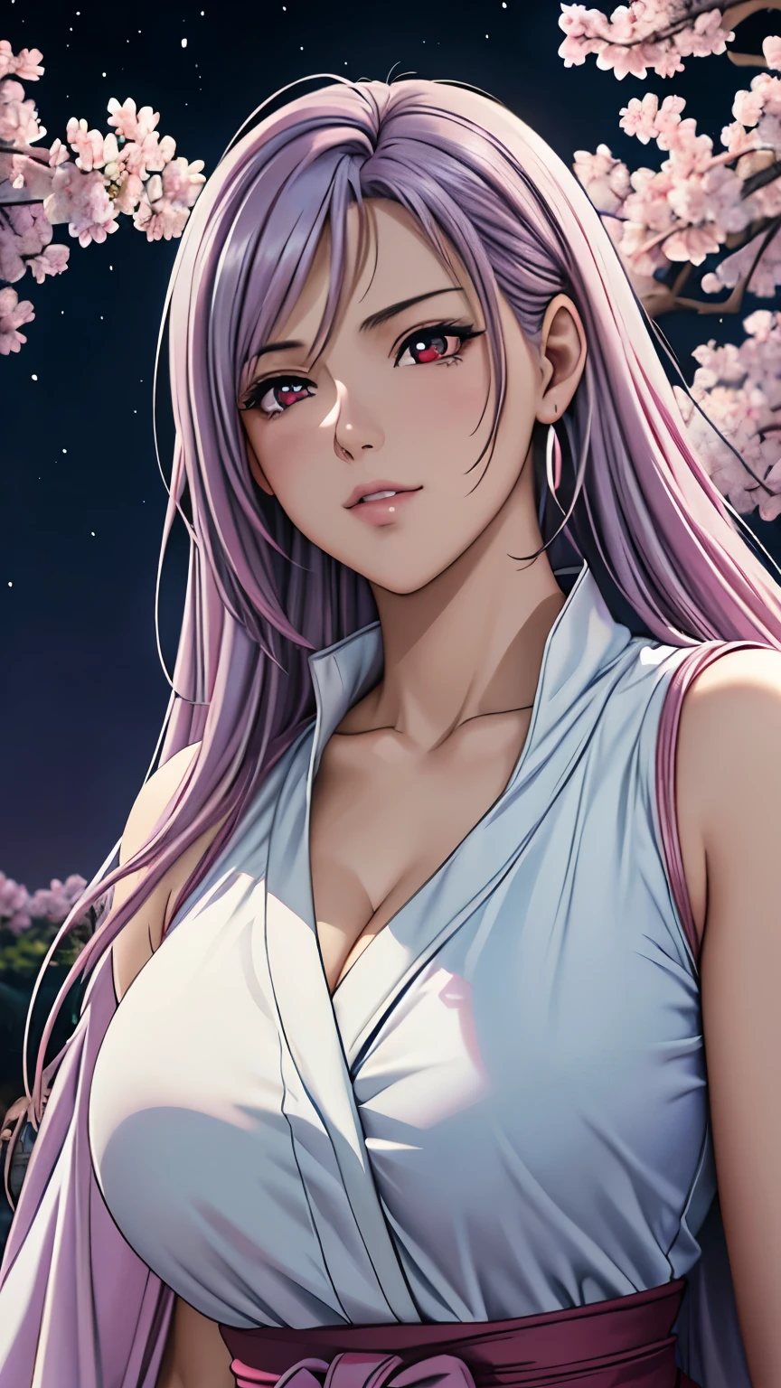 red eyes, (highest quality, masterpiece painting:1.3), immature woman, , (half body shot), masterpiece, ultra high resolution, (Photoreal:1.0), light purple hair,straight hair, beautiful shining hair, white and shining skin, ((Ultra realistic details)), octane rendering, highly detailed face, (big breasts:0.8), (make a heart with hands),（(Translucent white robe),  (pink feather robe,Layering), White cherry blossom embroidery pattern, silver earrings,（milky way galaxy), Hair flutters under the influence of the wind, Japanese garden with beautiful cherry blossoms at night, Mysterious night sky, Beautiful Landscapes, sharp focus, intricate details, professional artwork, (bright colors:1.1), bright colors, diffused lighting, digital blending, ultra-definition body, ultra detail hair, super detailed face, that&#39;It&#39;s trending on pixiv, top button open, Cute gaze, compensate, perfect lips, perfect compensate, Ultra-precision coating,  (light_smile:0.8), (Very embarrassed:1.2), blush your nose,