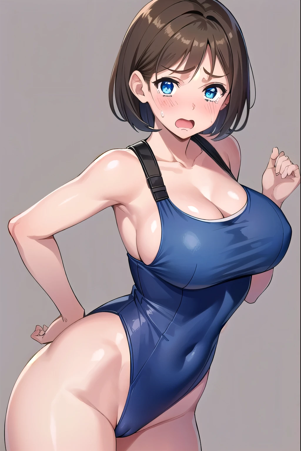 Jill, Jill・バレンタイン, 1 girl,blue eyes,short hair, brown hair, big breasts, looking at the viewer, brown hair, Fight,blue leotard,high leg cut,put your hands on your hips,embarrassing,crying face,tears,blush,wide open mouth,saliva,