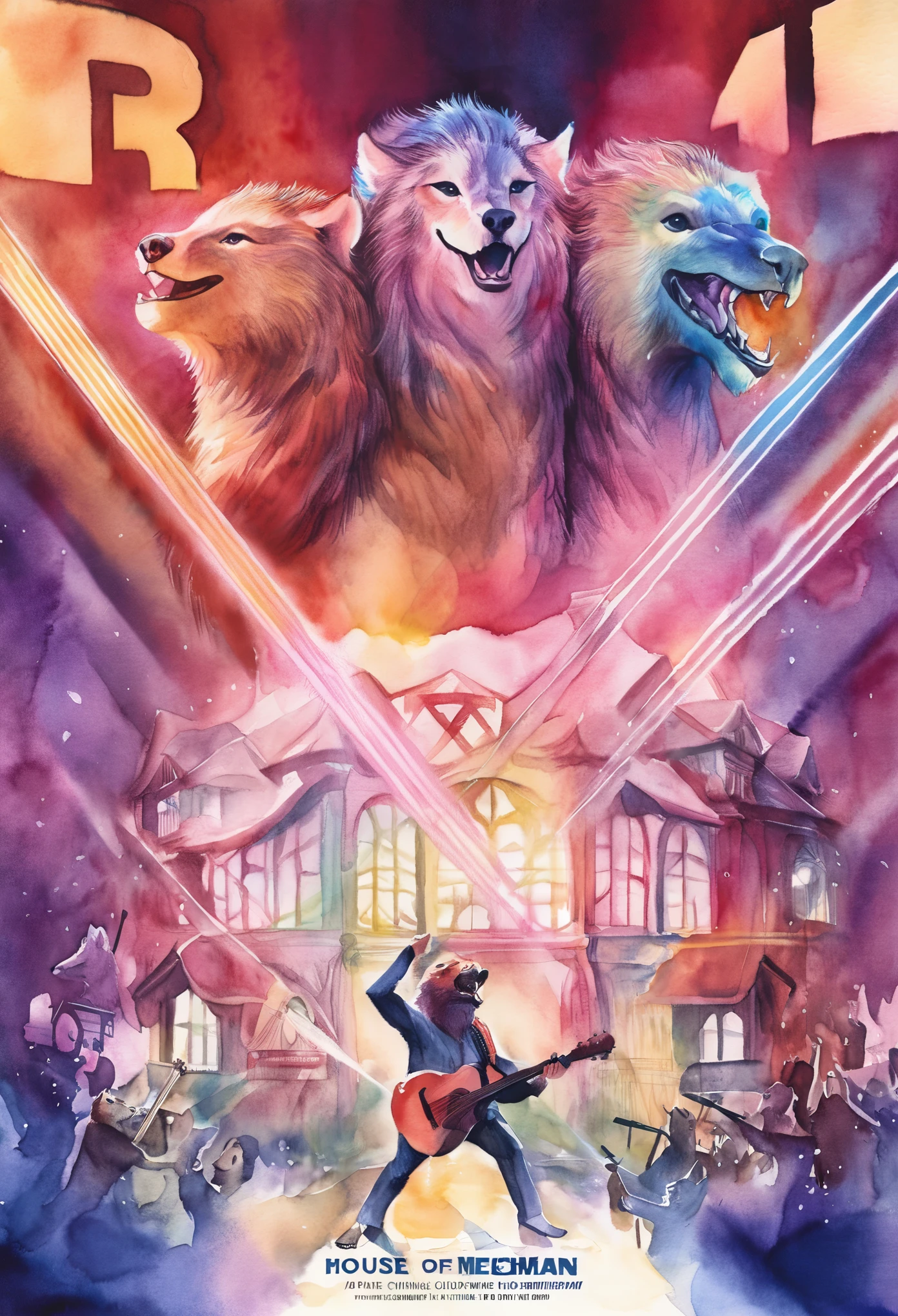 Top quality, picture book cover, movie poster, watercolor, fancy, four-headed, pale color (live house, laser beam, dazzling lighting, mechanized instrument, concert) (very detailed beautiful face and eyes) perfect anatomy (beastman) (beastman, playing a musical instrument, singing with a microphone, live performance, splashing sweat, standing on stage) (furry antro: 1. 2) (features of the animal's face on a furry body) (the muzzle of the animal is very detailed fur) full body, smile with an open mouth (dynamic pose),