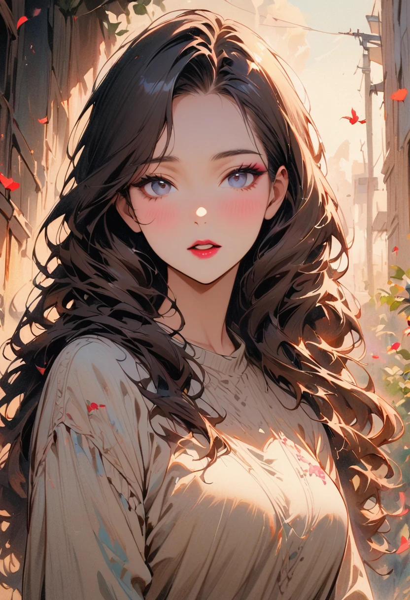 vintage movie, medium shot, depth of field, 1 girl, Mix 4, sweater, Mouth唇, Open_Mouth, actual, photo_(Moderate), alone ,(masterpiece),(photoactual:1.3), Super detailed, (High detail skin:1.2),(best quality:1.0), (ultra high definition:1.0), traditional media, wavy fine hair, long hair, Sunlight, (Beautiful and detailed makeup), (sexual arousal blushing:1.0), Floral theme petals scattered, (Soft light blooms:0.5)
