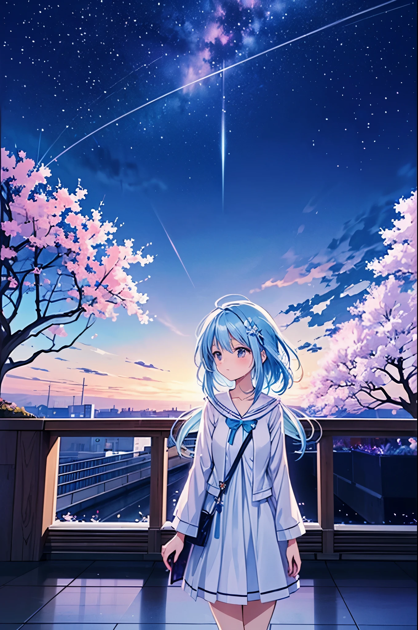 Masterpiece, best quality, extremely detailed, (illustration, official art: 1.1), 1 girl, ((light blue hair))), long hair, , ((blush)), cute face, big eyes, masterpiece, best quality, ((a very delicate and beautiful girl)))), amazing, beautiful detailed eyes, blunt bangs (((little delicate girl)))), tareme (true beautiful: 1.2),(((look away))), small breasts,single girl, Anime scene of a woman standing on a balcony and looking at the city, anime movie, cherry blossom in full bloom, Gentle light, Night view,anime girllooking at the stars in the sky,Makoto Shinkai Cyril Rolando,your name movie style,Your name,Cosmos Sky。Written by Makoto Shinkai, Anime wallpapers 4 k, anime wallpaper 4k, Anime art wallpaper 8 K, Anime art wallpaper 4 K, anime art wallpaper 4k, Shinkai sincerely!, 4k anime wallpaper, panoramic centered view of girl, , Melancholic girl holding a love letter,、cinematic Film still from、