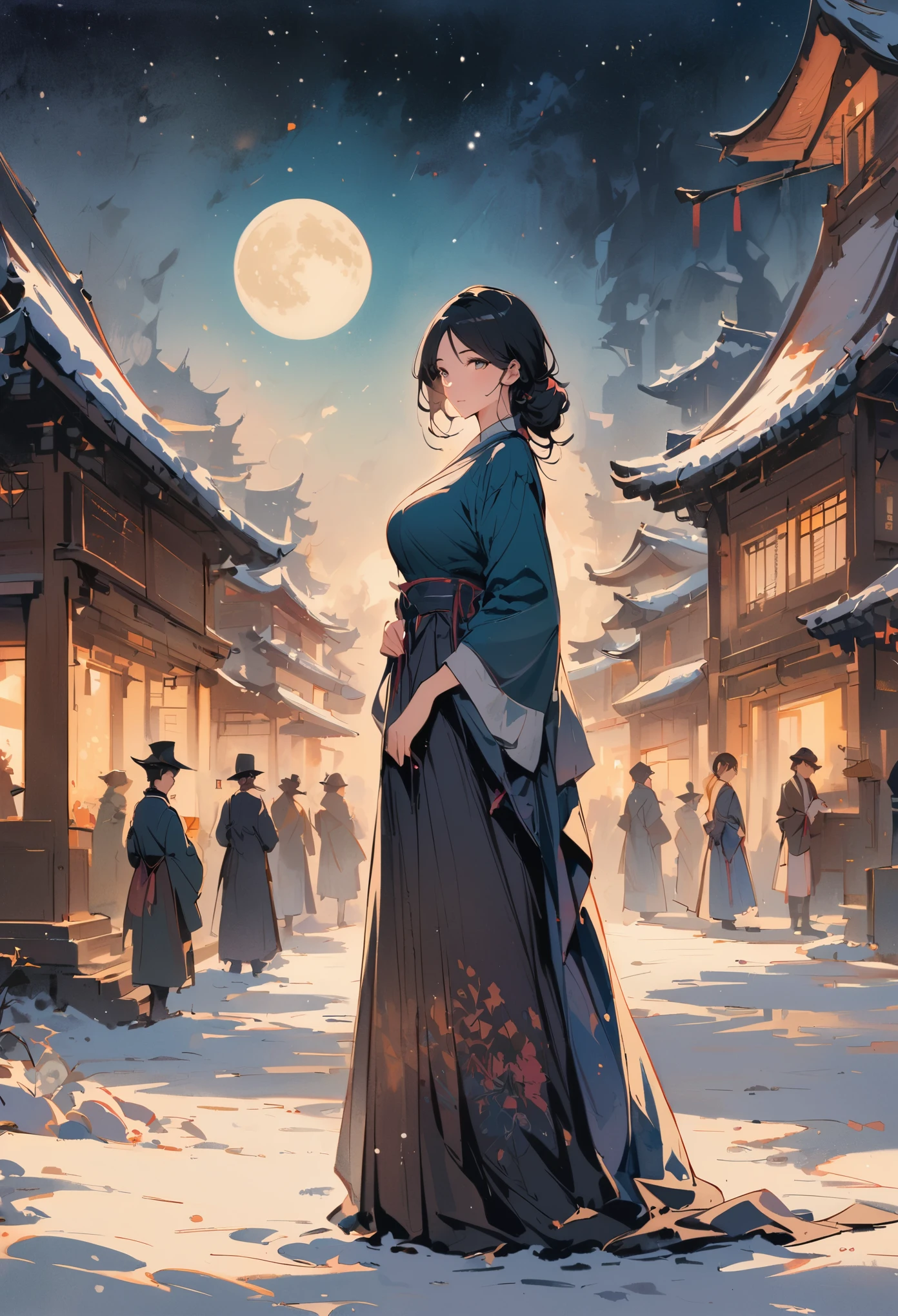 masterpiece, (best quality: 1.2), (Ultra-fine: 1.2), illustration, (extremely delicate and beautiful: 1.2), vintage movie, 1 girl,whole body,extremely detailed face, Beautiful and delicate eyes,There is light on the face,Large, regular breasts, looking at the audience,outdoor,black hair,(black chinese architecture),hanfu,traditional media, (moon: 1.2), starry sky, (light particles: 1.1), FOG , snow painting, sketch, bloom