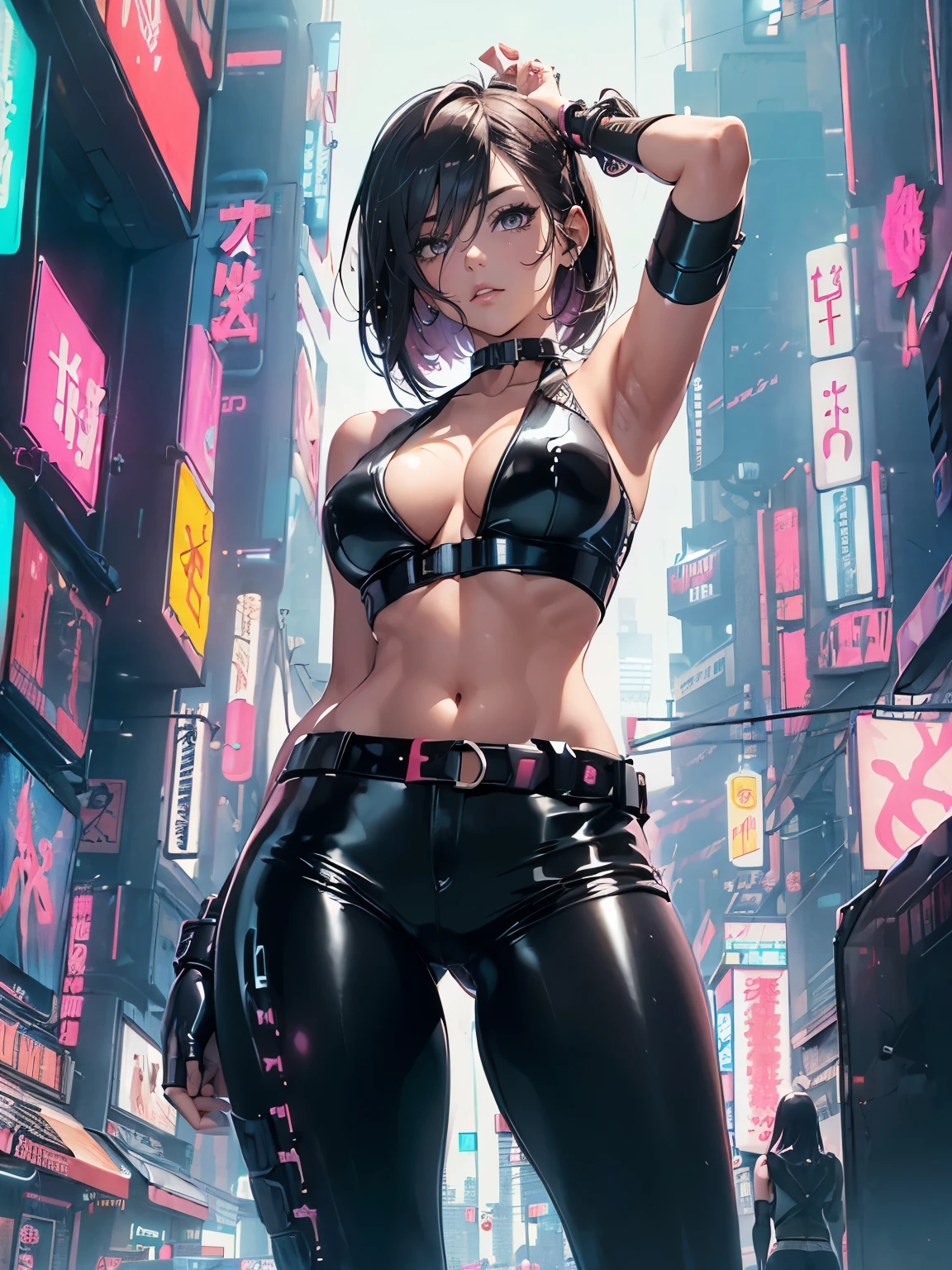 ((1 girl:1.3))、absurdres, ultra-detailliert, digitial illustration, Meticulously drawn hair, Meticulously drawn eye, Glossy realistic skin texture、Smooth texture、shiny skin、Sexy body, ((cyberpunk:1.3)), ((dynamism posing:1.3))、((Being in nightcity:1.2))、((back view:1.3))、((sleeveless))、((ripped:1.2, latex, low-rise hot pants:1.2))、((crop top navel:1.2))、((plunging necklines:1.2))、((highleg:1.3))、((huge hip:1.3))、collarbone、abdomen、Sharp Focus, full body