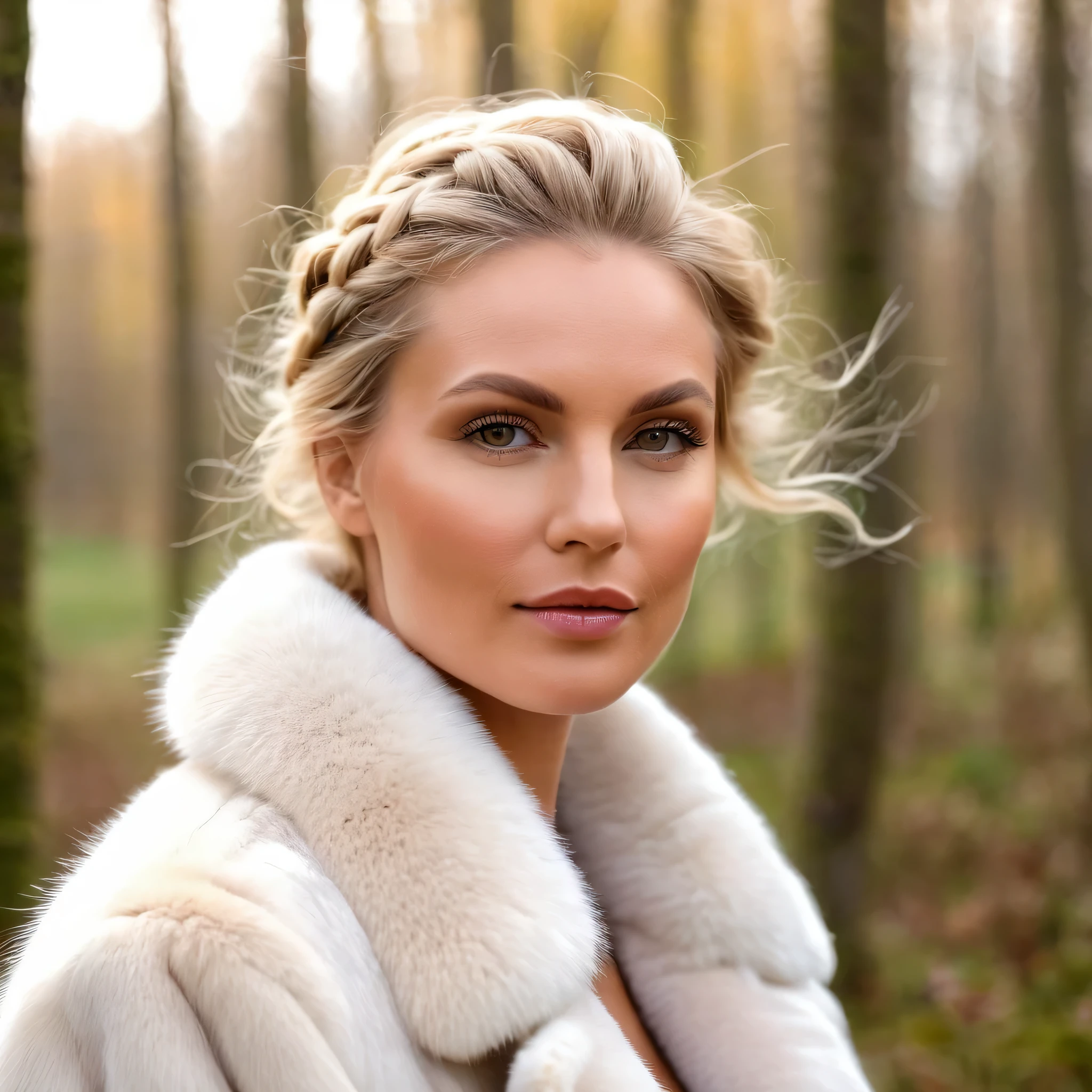 A very wide and very thick, very short white mink fur coat, fifty centimeters thick, duveteux, naturel, with an ultra thick white and sand mink fur collar, three layers, best quality,4k,8K,high resolution,masterpiece:1.2),Ultra-detailed,(Realistic,photoRealistic,photo-Realistic:1.37), vue entière marchant dans la foret enneigée superbe Femme , scandinave, 35 ans,joufflu, "Ingrid Mueller" (tresses de cheveux blond clair), Forêt de bouleaux, natural lighting, ombres douces,palette de couleurs vertes, relaxed expression, braided hair,, doux sourire, atmosphère paisible, feuilles de printemps,beaux-arts,gros plan du visage et du haut du corps, , corps naturel, pose naturelle, Vent subtil soufflant, high resolution,detailed eyes, joues roses, attitude joyeuse