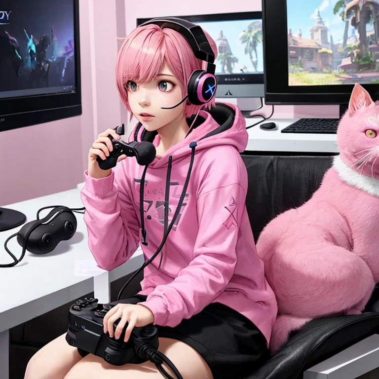 A pink cat playing destiny 2 on playstation with a headset