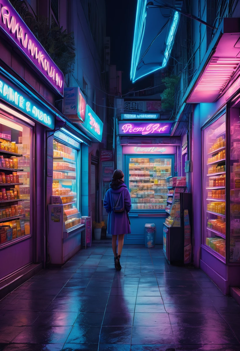 1girl, midnight convenience store, aesthetic, vibrant city lights, dimly lit shelves full of snacks and drinks, a cashier with tired eyes, fluorescent lighting casting a soft glow, late-night customers browsing the aisles, flickering neon signs outside the store, a sense of mystery and solitude, a hazy atmosphere with a touch of nostalgia, cinematic and atmospheric, high-res details capturing the smallest nuances, a combination of realism and dream-like quality, urban aesthetic blending with a hint of surrealism, cool blue and purple tones, soft shadows and subtle highlights, an ambiance that evokes a sense of tranquility and possibility in the midst of the night.