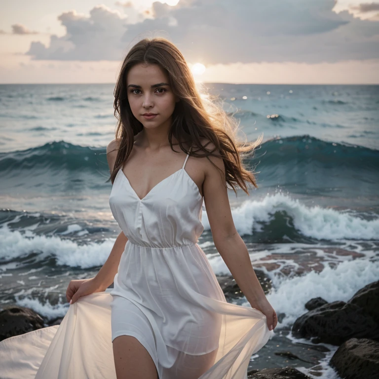 Une très belle fille aux cheveux noirs, a slight smile in high school, beautiful big eyes in a long white silk dress stand by the ocean. fin de soirée, le soleil couchant joue avec les rayons dans les cheveux de la jeune fille. natural and cinematic setting, HasselbladX2D, Ultra detailed, photorealistic