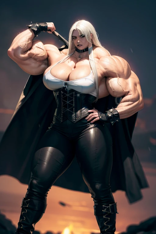((((Massive, tall, beautiful, buff, wet, light brown skinned muscular woman with white hair, black lipstick, ginormous bulky muscles, wearing a black leather corset with tight pants and hooded cape)))), (red background), close view, (massive muscles), massive biceps, hyper muscle shoulders, hyper muscle triceps, (long hair), glowing blue eyes, choker, (chain belt), black spiked boots, (spiked gauntlets), (fingerless gloves), (in a raining dark island), confident smirk, night, red moon, (red skies), hyper vascular arm, hyper muscles arms, hyper muscle legs, (ginormous arms).