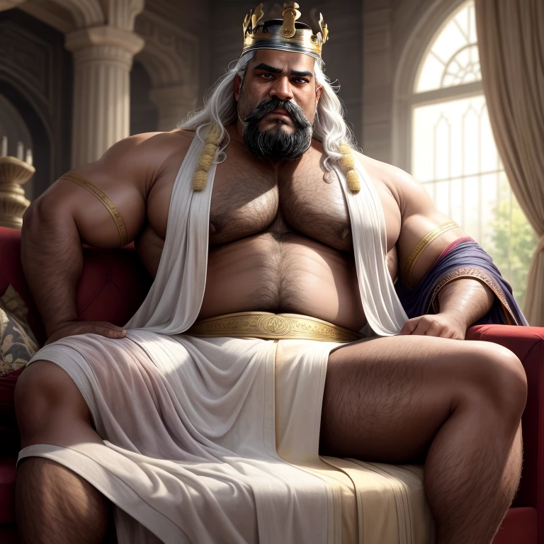 [[[Ultra detailed, best quality, beautiful, 4K, detailed faces, medieval story, detailed emotional eyes, detailed belly ,detailed printing big cock bulge through robe, detailed big muscles]]], a dominant horny face fat huge chennai indian moustached man sitting on a sofa with a crown, white hair, thick moustache, white chest hair, king's robes, king, huge body, carpet, windows, curtains, living room, sitting on the sofa barefeet




