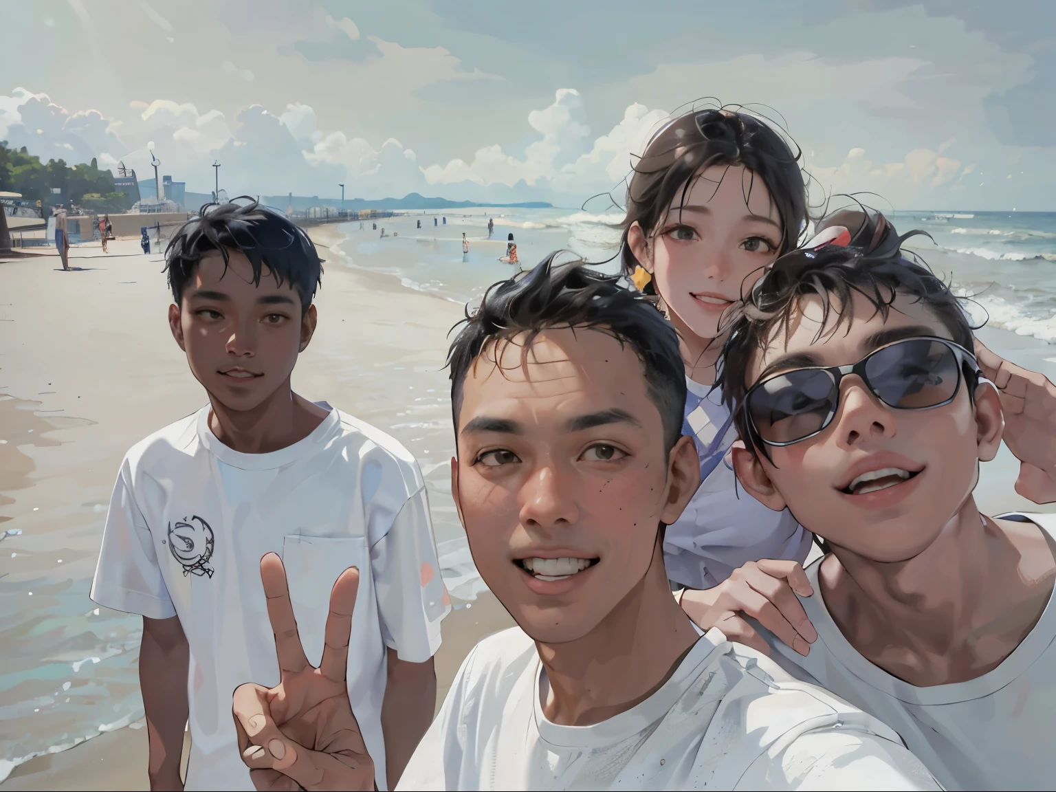 A handsome Burmese boy and two beautiful Burmese girls naked on the beach by the sea, the boy is standing and phallus on his penis, the girls are also standing and one is holding the boy's penis, the girls' breasts are round and beautiful, the girls have many hairs on their pubic, just like real photos.