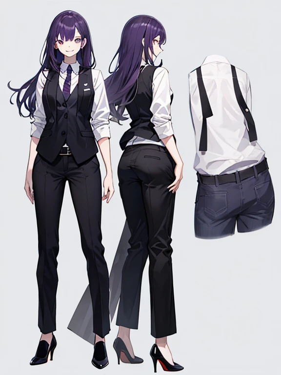 Purple,long hair,woman,suit,black vest,A shirt with rolled up sleeves,tie,pants,high heels,,simple background,smile,whole body,full body,full body,Standing picture,vtuber,upright,,Standing upright with face and body facing forward,