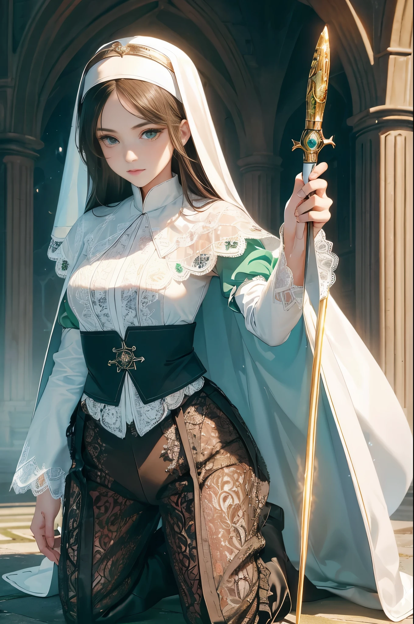 masterpiece, ultra detailed, 8k portrait, RAW photo, portrait photography, Highly detailed face, beautiful and meticulous eyes, ((Fantasy)), Young beautiful, (((Nun))), (((((standing))))), ((light blue long thin hair)), ahoge, forehead, Gentle face, White skin, (((green and white puffy sleeve lace priest robes))), ((brown cape)) Fluttering in the wind, (((lowleg kneel length lacy pants))), Leather boots, ((((equip a magic wand)))), Midday Sun, Hyper realistic, Body model, Small breasts, Beautiful breasts, Long legs, in the medieval adventurer's guild, Ambient lighting, Shadow details, Camera focus on face, strong breeze, Light fog