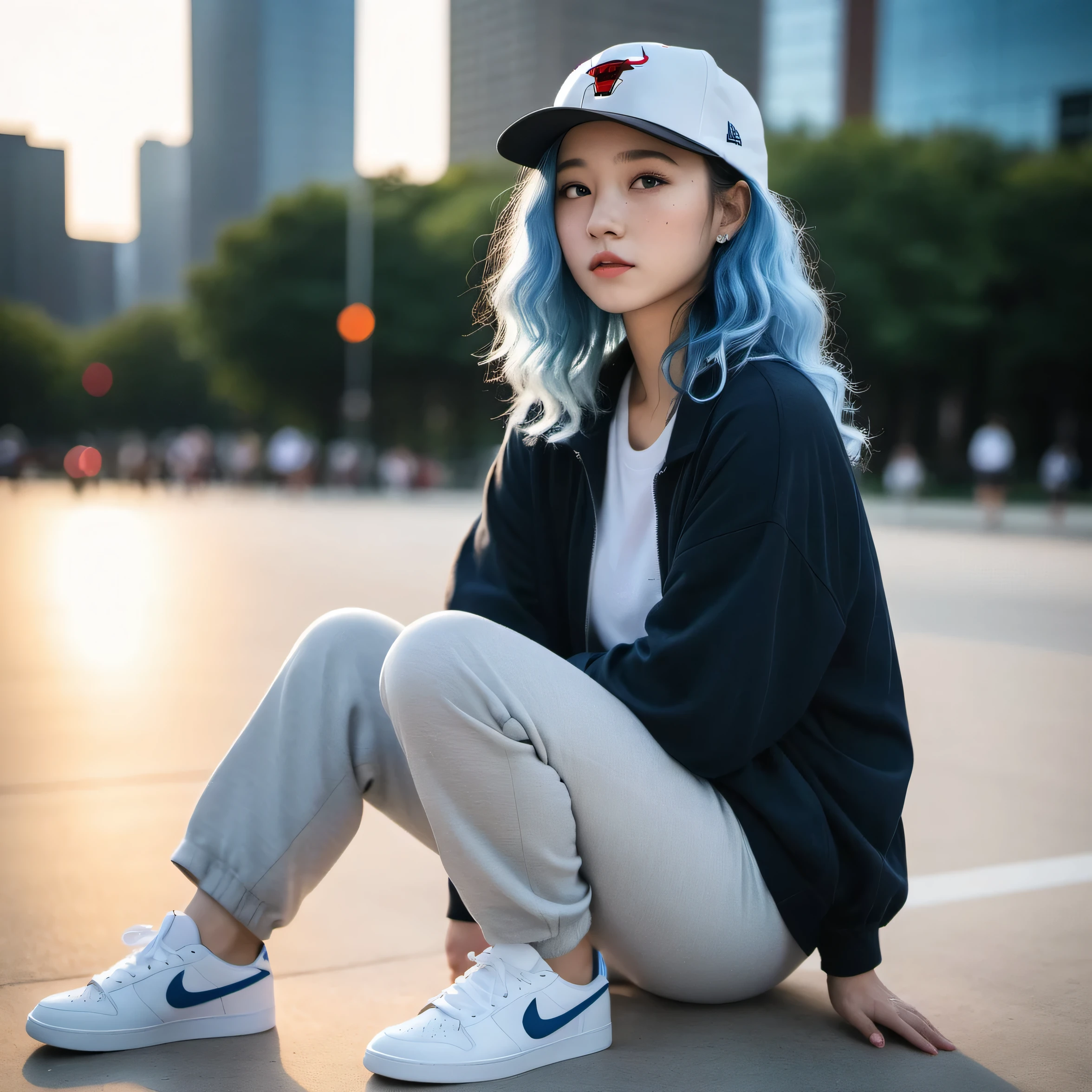 blue hair。Curly perm。Women with freckles。In the background, the evening sun shines on her hair.、background is blurry。Hiphop fashion。Chicago Bulls hat and Nike sneakers。whole body