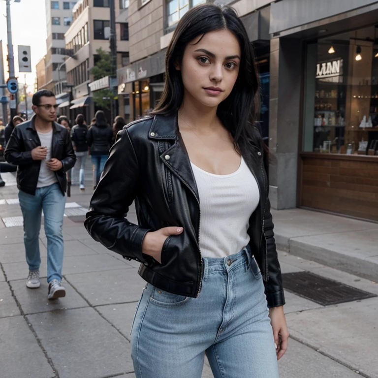 Camila Mendes dressed in a striped leather jacket and jeans