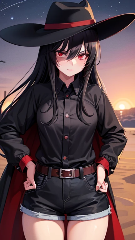 A western anime cowgirl, cowgirl, adult girl, outdoors, shorts, very long black coat, red inside the black coat, cowboy hat, night sky, empty area, sand, black denim clothing, perfect anime quality, masterpiece, perfect face, black hair, red eyes, evil look, gun on the hip, white button-down shirt, one raised handle, black gloves