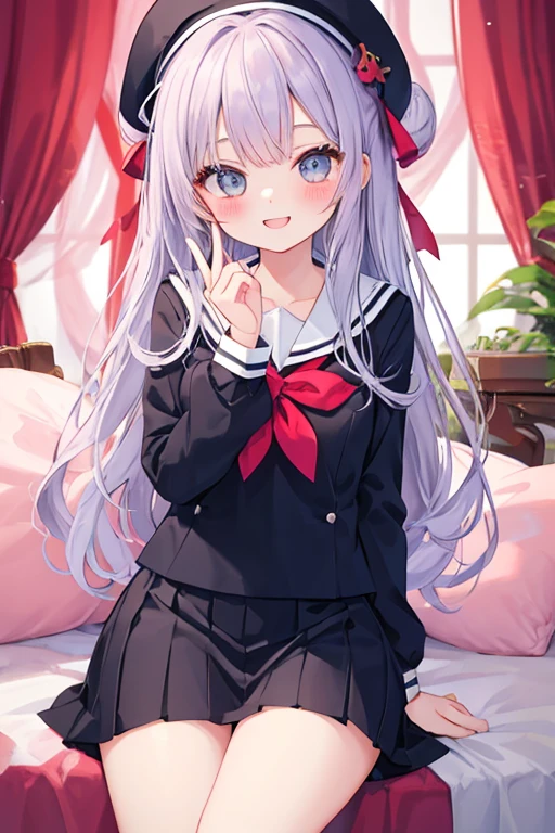 beautiful illustrations, highest quality, pretty girl,beautiful girl、clear face、 half girl、pastel colour 、blush、perfect hands、five fingers、thighs、(perfect face:1.1), smile、sailor suit、uniform、skirt