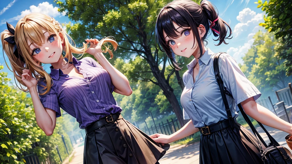 2girls, summer, village, trees, sun, clouds, ((colorful hair)), ponytail, large breasts, button down, blue eyes, ((purple shirt)), ((unbuttoned shirt)), unbuttoning buttons, popping buttons, ((short sleeved shirt)), black mini skirt, brown shoes, grin, looking at the viewer, standing, hair ribbon, cleavage, golden necklate