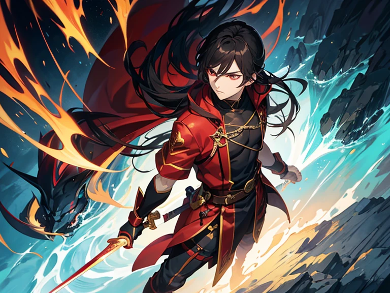 Anime style, male character, red robe, golden decorations, long black hair, red eyes, two swords，focused expression, bamboo forest background，red flames or light, dynamic and dramatic atmosphere, fantasy, adventure, or combat theme, long sleeve, sheath,brown footwear, Elbow gloves, fingerless gloves, alone, focus, attitude, struggle, stand,solitary,wilderness,blue sky,Beautiful scenery, light from above