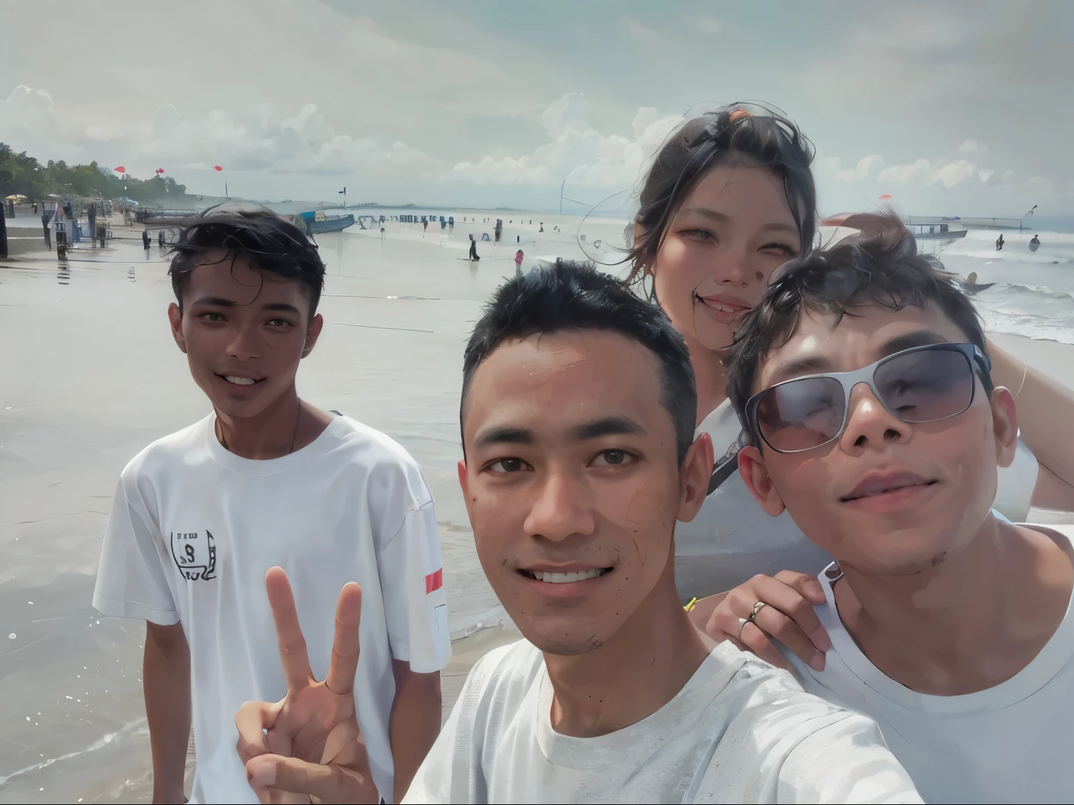 there are three people standing on the beach with one giving the peace sign, on beach, at the sea, selfie photo, in the beach, at a beach, at the beach, vacation photo, selfie!!!!!, on a beach, selfie, in the sea, barong family, on the beach, in a sea, people in beach, taken on go pro hero8