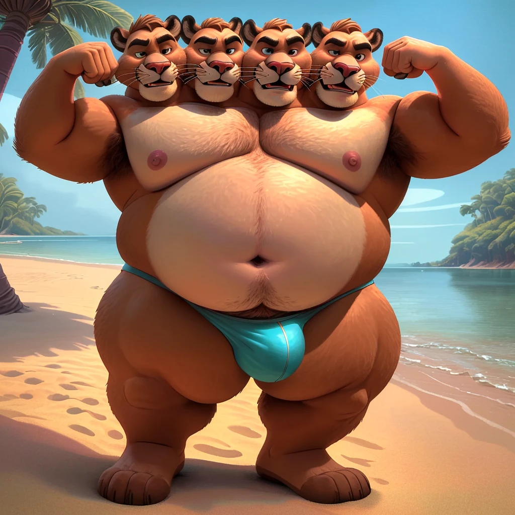 solo, (cougar, cougar tail), three heads on one body, three headed identical conjoined triplet brothers, (identical faces:1.3), (adult male, 50 year old male, (stylized 3d, by disney, by rembrandt), by pixar, by dramamine, (tall, chubby, manly, beefy, obese, fat), beach background, (thong, bulge, navel, nipples), correct hands, correct anatomy, (detailed eyes:1.2, cartoon eyes:1.2, small dark pupils, masculine eyes, narrow eyes, six eyes), (ultradetailed, best quality, detailed masterpiece, highly detailed masterpiece, 4k, professional cartoon:1.7), ((flexing:1.3, natural pose:1.3, nuanced expressions:1.3)), (((dadbod)))