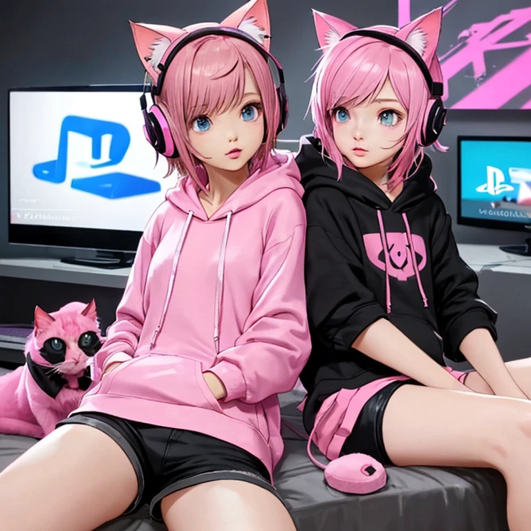 A pink cat playing destiny 2 on playstation with a cat ear headset. Black short shorts. Pink hoodie