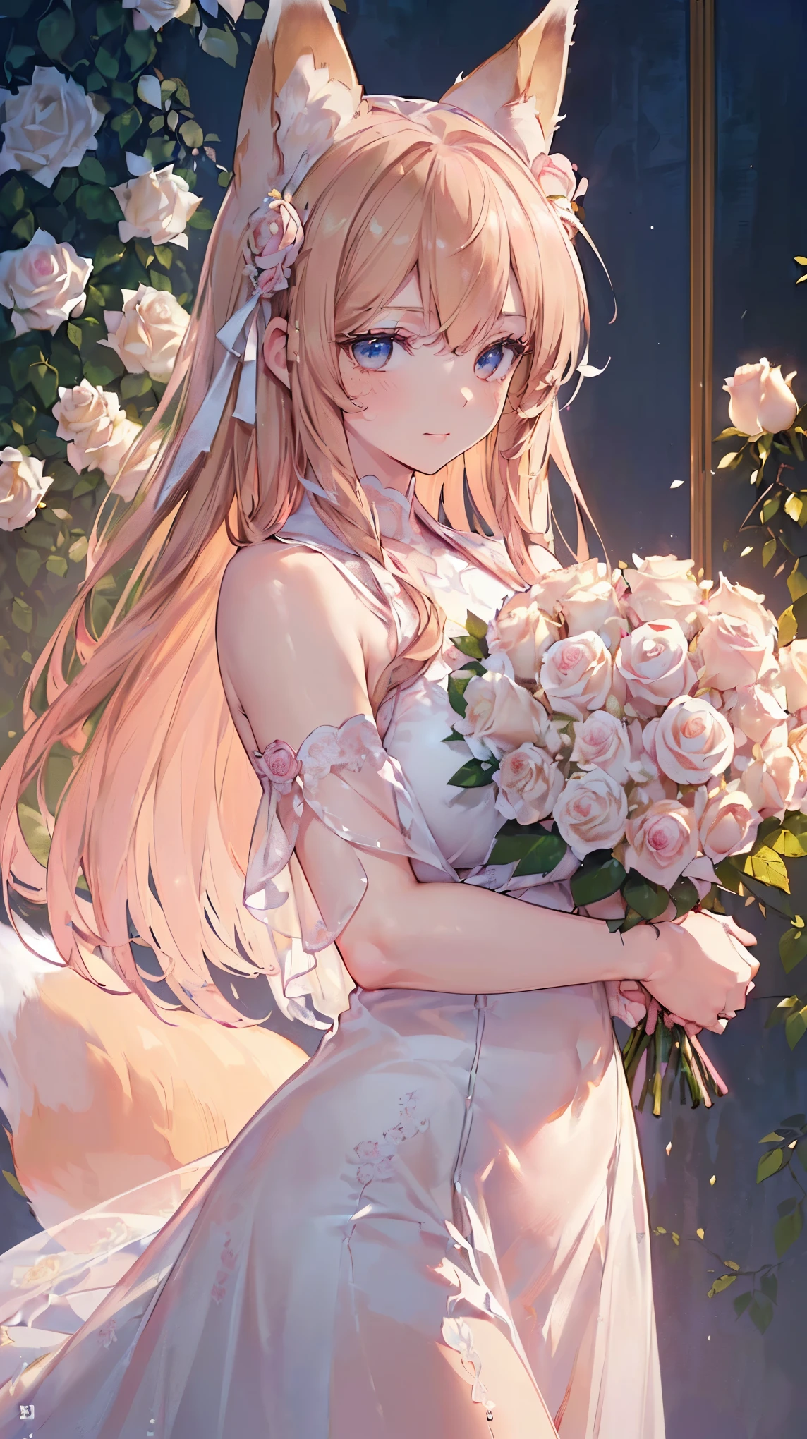 (((Masterpiece))), (((Highest quality))), ((Ultra-detailed)), ((Super fine illustration)), ((Ultra-fine painting)), (16K highest quality wallpaper:1.4), (Upper body:1.4), (Highly detailed and delicate illustration style:1.8), Detailed skin texture, Detailed cloth texture, Detailed rose flower texture, Extreme detailed description, (T-masterpiece), (Highly detailed face:1.4), (Highly detailed fox ears:1.2), (Highly detailed golden brown hair:1.2), (Highly detailed, beautiful and clear blue eyes:1.2), Original, RAW photo, Professional, Intricate details, Super details, (Perfect anatomy:1.4), (Highly detailed hands:1.2), (Highly detailed fingers:1.2), (Highly detailed fingertips:1.2), (27-years-old), (Solo:1.6), ((A very beautiful and attractive fox female fashion model:1.4))
BRAKE
(Beautiful and adorable fox ears:1.6), (Highly detailed and delicate fox ears:1.4), (Beautiful and well-shaped big breasts:1.2), (Beautiful and well-shaped buttocks), (Beautiful and shiny golden brown hair:1.6), (Highly detailed and delicate golden brown hair:1.4), (Beautiful clear blue eyes that shine with great detail:1.6), (Highly detailed and delicate blue eyes:1.2), (Highly detailed face:1.4), (Smile:1.4), (Looking at viewer:1.4), (Standing:1.4), (Celebration:1.4)
BRAKE
((A beautiful and gorgeous plunking neckline princess dress that is detailed and delicate to be worn at celebratory occasions:1.4))
BRAKE
((Holding in both hands a large bouquet of highly detailed and delicate ((white and pink roses)):1.4))
BRAKE
(Just after noon:1.4), (Celebration:1.4), ((Highly detailed and delicate white rose flower and pink rose flower garden background:1.4)), (Highly detailed and delicate royal palace courtyard background in just after noon:1.4) BRAKE