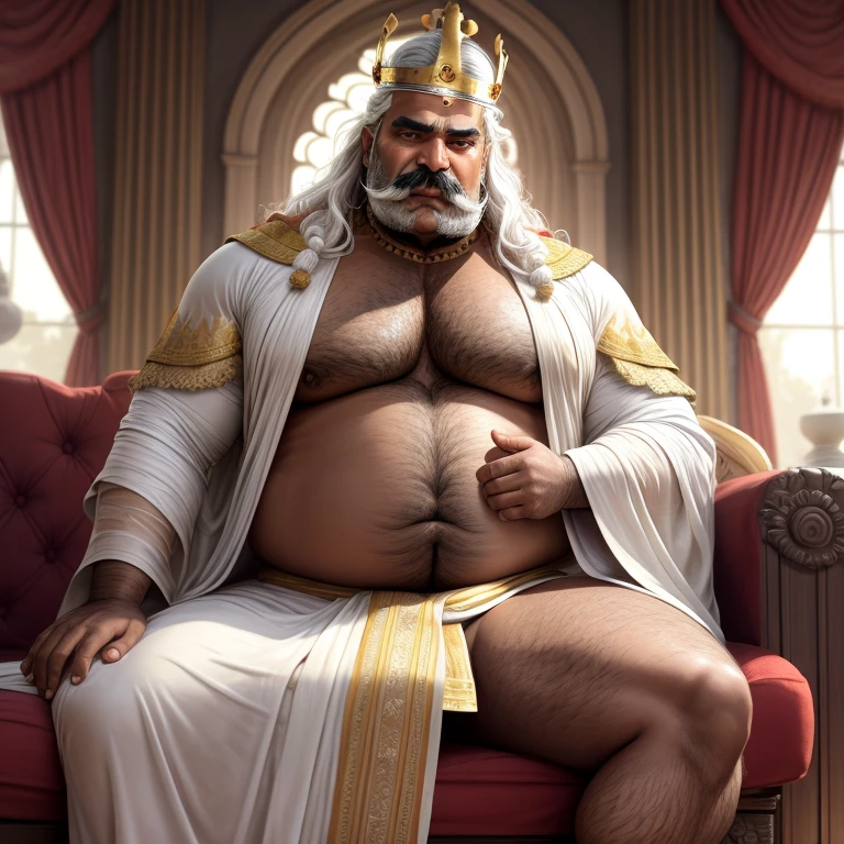 [[[Ultra detailed, best quality, beautiful, 4K, detailed faces, medieval story, detailed emotional eyes, detailed belly ,detailed printing big cock bulge through robe, detailed big muscles]]], a dominant horny face fat huge chennai indian moustached man sitting on a sofa with a crown, white hair, thick moustache, white chest hair, king's robes, king, huge body, carpet, windows, curtains, living room, sitting on the sofa barefeet




