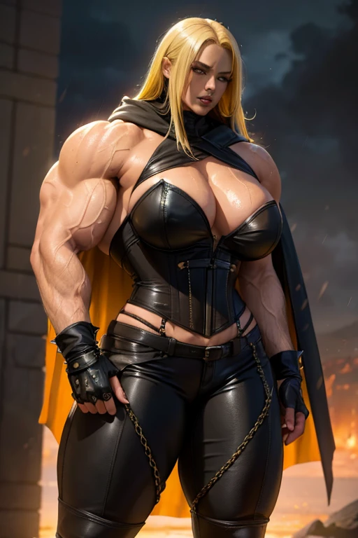 ((((Massive, tall, beautiful, buff, wet, light brown skinned muscular woman with yellow hair, black lipstick, ginormous bulky muscles, wearing a black leather corset with tight pants and hooded cape)))), (red background), close view, (massive muscles), massive biceps, hyper muscle shoulders, hyper muscle triceps, (flowing long hair), glowing gray eyes, choker, (chain belt), black spiked boots, (spiked gauntlets), (fingerless gloves), (in a raining dark island), confident smirk, night, red moon, (red skies), hyper vascular arm, hyper muscles arms, hyper muscle legs, (ginormous arms).
