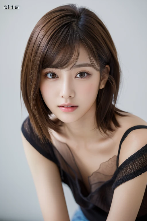 (masterpiece:1.3), (8K, Photoreal, RAW photo, best image quality: 1.4), Japanese, (1 girl), beautiful face, (lifelike face), (black haired, short hair:1.3), Beautiful Hairstyles, realistic eyes, beautiful detailed eyes, (real looking skin), beautiful skin, attractive, 超A high resolution, surreal, high detail, golden ratio, Beautiful woman:1.4、light brown hair、highest quality、masterpiece、超A high resolution、(Photoreal:1.4)、Highly detailed and professionally lit smiles、Loose, lightweight knitwear、show your shoulders、thin、serious expression、long hair、deadly position、Nogizaka Idol、korean idol、Gravure idol pose、、25 years old、expensive, Glamour、side、(19 years old:1.5),