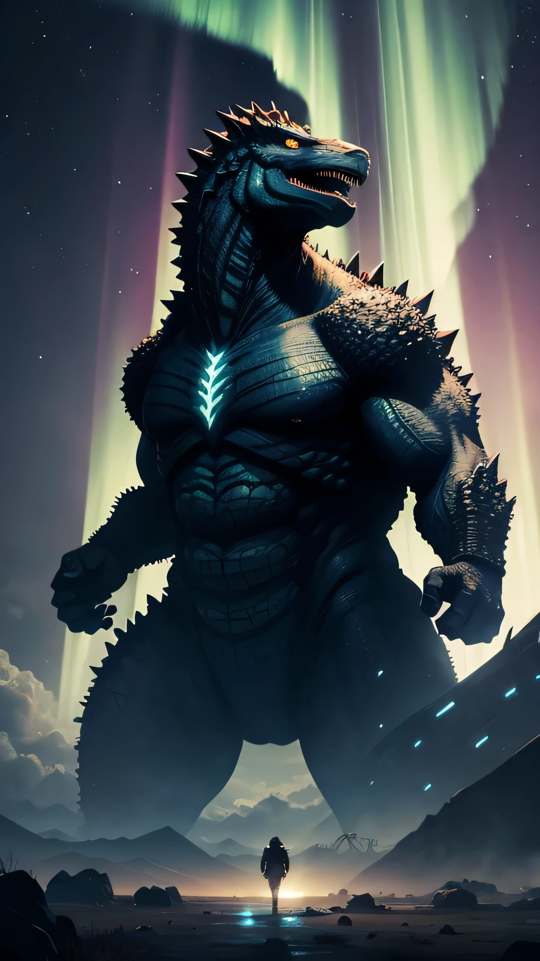 aurora, godzilla, antartinight, night sky, 8k