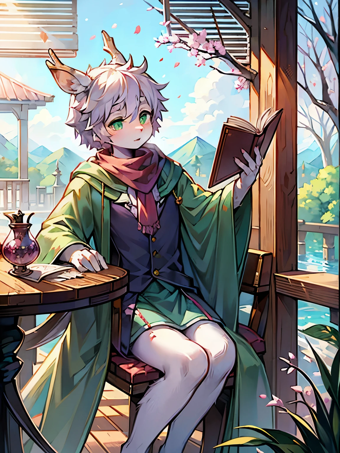 A white deer,Hanging bunny ears,Green pupils,scarf,Light green robe,Luxurious clothing,Sit in the pavilion,sea,plum tree,Falling plum petals,holding a book in hand,There is tea on the table,writing brush,Pink petals,antlers,scarf,veil,Lovely shota